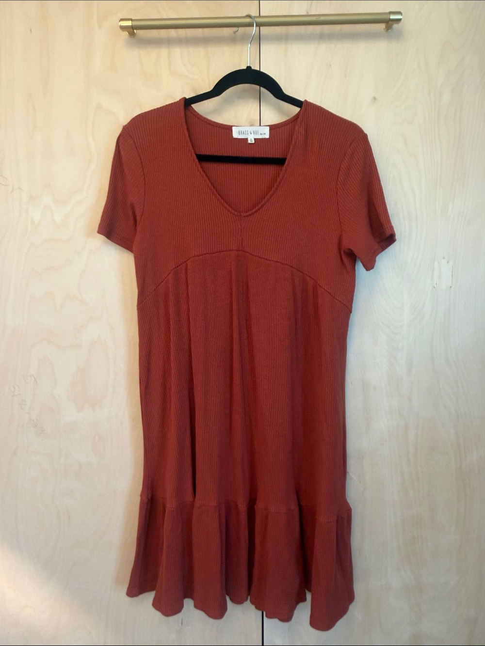 Brass and Roe from Called to Surf Ribbed V-Neck Midi Dress in Rust